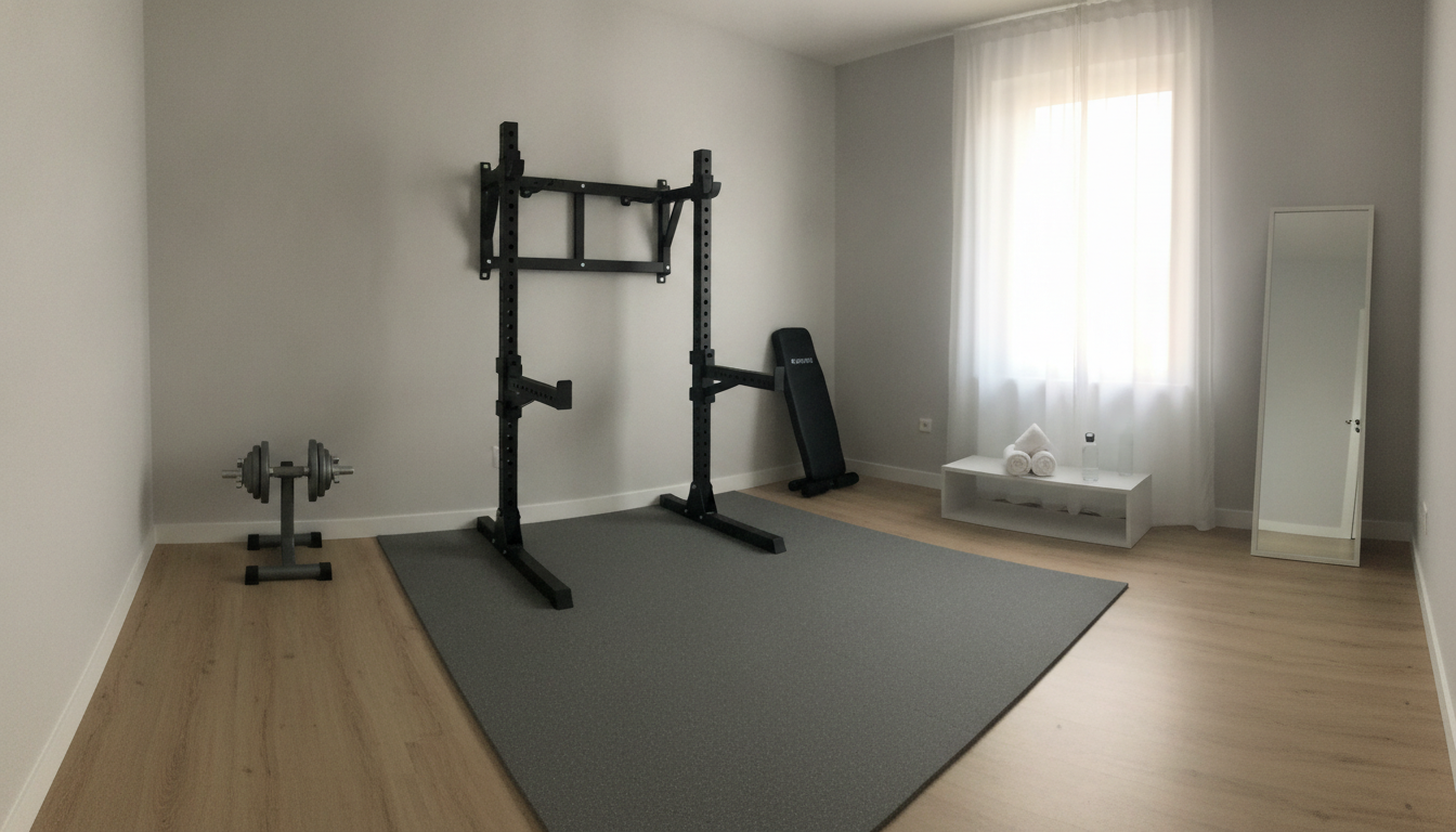 AI home gym design generator result: a compact home gym in a small spare bedroom, with light oak effect vinyl plank flooring, a grey rubber training mat, a black half rack, one loaded dumbbell handle on a stand, an adjustable bench, a full length mirror by the window and a low white shelf with rolled towels and a water bottle. This is the honest picture of what a ten foot square room really holds, and it is also where the no text instruction leaked: the bench backrest carries a line of garbled invented white lettering. The rack was specified as a wall mounted folding rack and came back freestanding, with its top frame apparently bolted to nothing. A pair of adjustable dumbbells was asked for and exactly one arrived. The bench was meant to be folded away in the corner and stands mid floor instead, on two black cylinders that read more like a foam roller than feet. It does get one thing right that nearly every other render on this page misses, which is a real wall receptacle at a believable height.