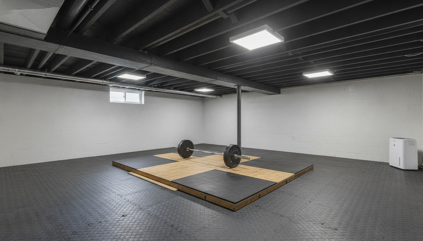 AI home gym design generator result: a basement home gym with black painted exposed joists and a pipe run overhead, four surface mounted LED panels, a steel column mid room, white painted foundation walls, a hopper window high on the back wall, black rubber floor matting, a plywood and rubber deadlift platform and a dehumidifier in the corner. Structurally this is the strongest image of the six, and the platform detail is where it falls down. The barbell is not centred on the platform and its two plates sit at different distances from the ends, one landing on plywood and one on rubber. The platform itself is a deck laid on top of the floor with proud unramped edges, which is a trip hazard rather than a platform. The steel column stands about a foot from the platform edge, directly in the path of the lift the platform exists for. The LED panels hang below the joists rather than between them, losing headroom in the one room that has none to spare. The dehumidifier has no cord and no drain.