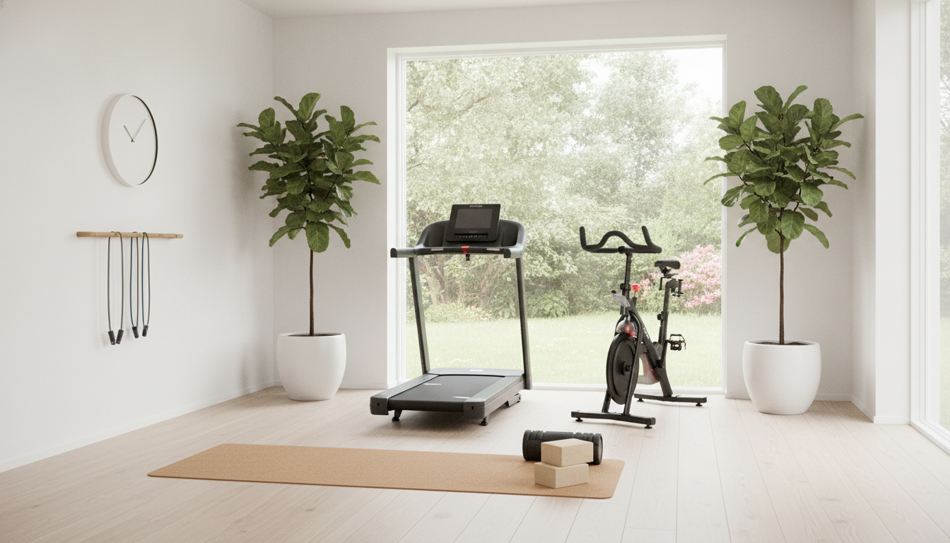 AI home gym design generator result: a bright cardio and stretching corner with a treadmill and an upright bike facing a full height window onto a garden, pale wide plank flooring, a cork yoga mat, two cork blocks, a wall rail holding three resistance bands, two large fiddle leaf figs in white planters and a plain faced wall clock. The lighting and the calm are the best on the page and the treadmill is not a real object. Its deck lies flat on the floor while the console mast and handlebars float above it on two thin legs that meet the deck nowhere a treadmill upright would ever mount. The console bezel carries garbled invented lettering and a smudged row of pseudo characters under the screen. A foam roller and two blocks were asked for and the roller arrived as two short black cylinders that read as a dumbbell. The band rail is a wooden dowel supported at one end and floating at the other. Neither the treadmill nor the bike has a power cord, and the room has no outlet.