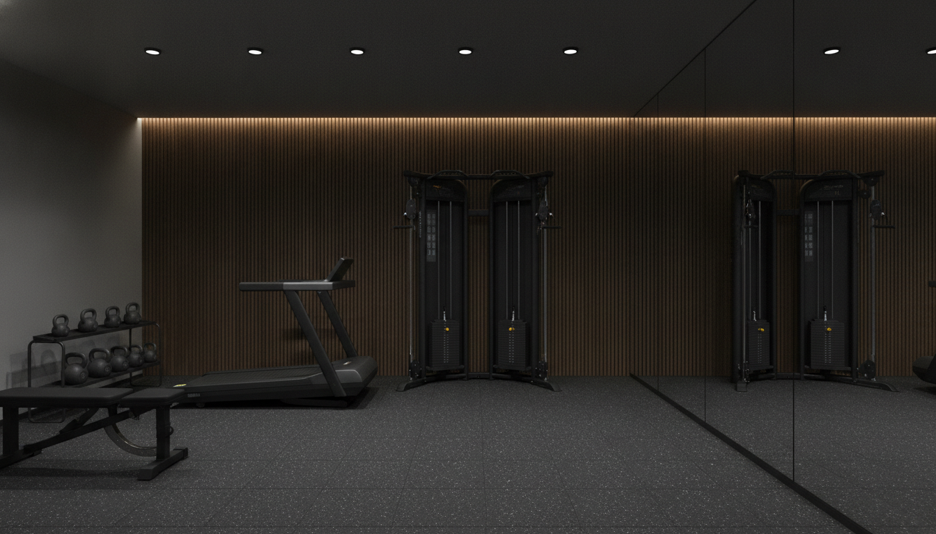 AI home gym design generator result: a premium dark home gym with vertical walnut slat acoustic panelling, warm cove lighting behind the slats, charcoal walls, a full height mirror on the right wall, a black functional trainer with two adjustable pulley columns, a curved manual treadmill, an adjustable bench and a two tier rack of kettlebells on speckled grey rubber flooring. Five evenly spaced recessed downlights were asked for and five evenly spaced downlights arrived, which is the only countable thing anything on this page got right. Everything else drifts. Garbled pseudo lettering runs vertically down the left cable column and smudges across the top crossmember. The ten kettlebells are all the same size, when the entire point of a kettlebell set is that the weights graduate. The curved manual treadmill has a flat plank deck and no console. The mirror is the best in the set and reflects the trainer honestly, but the downlights in the reflection sit at a different spacing from the real ones above them.
