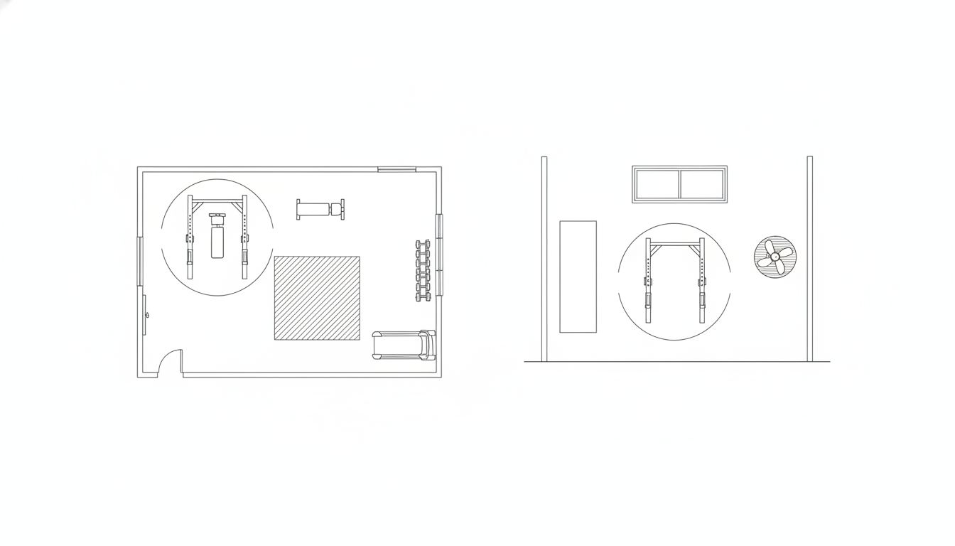 AI home gym design generator result: a black and white architectural line drawing showing a home gym floor plan beside one wall elevation on a white background, with a door swing bottom left, a window top right, a bench, a dumbbell rack along the right wall, a treadmill in the corner, a hatched matted training square and a rack shown against the top wall. This is the drawing worth taking to a builder and it is also the clearest proof that the model does not know what a plan symbol means. In the plan, the power rack has been drawn as a front elevation standing up out of the floor, inside a circle, rather than as the two small rectangles a rack is in plan, and the same standing rack is repeated in the elevation. The clearance arc that was asked for around the rack has closed into a full circle. The elevation floor line runs out past both walls, the mirror panel floats clear of the floor and the wall fan sits at rack head height. It followed the no text instruction exactly, with the side effect that the drawing measures nothing at all.