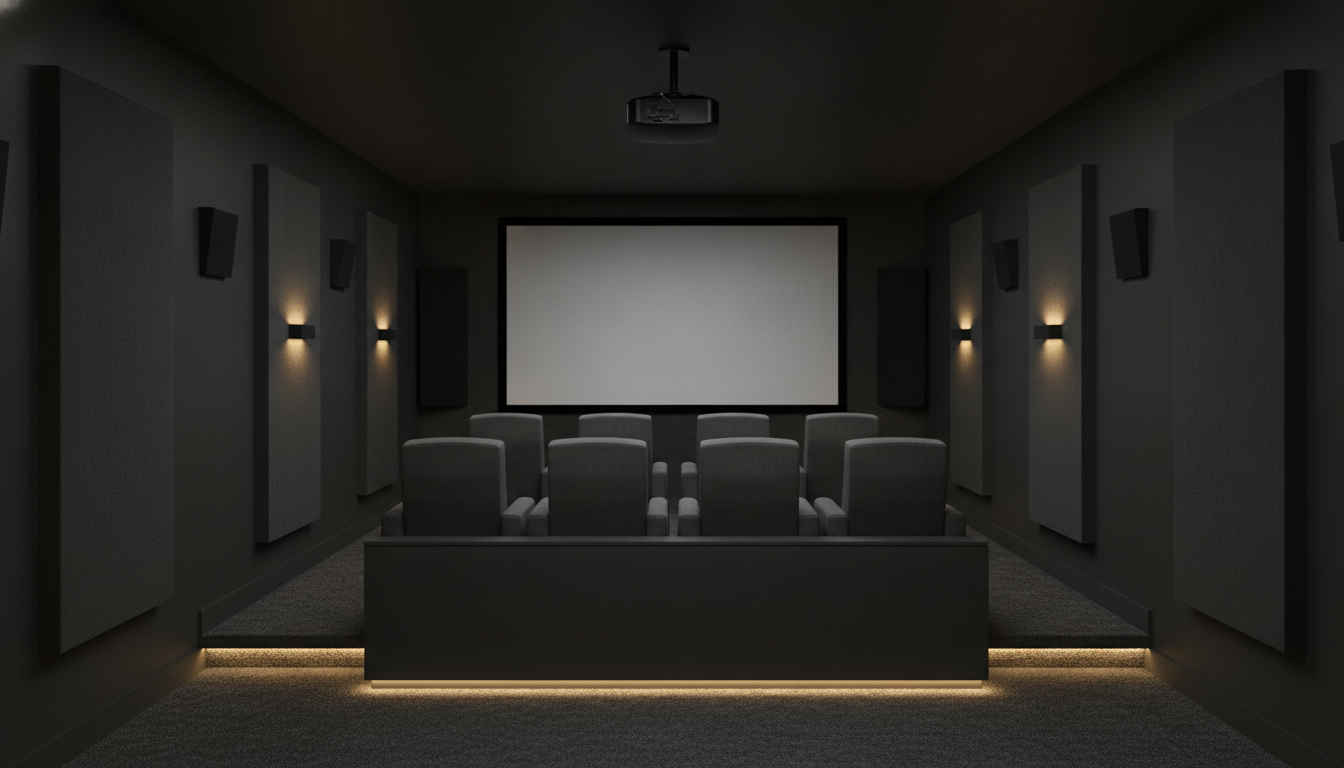 AI home theater design generator result: a dark dedicated theater room shot from the back wall, with two rows of four grey fabric recliners, the back row standing on a riser with a strip of light under its nose, tall acoustic fabric panels down both side walls, four low wall sconces and a blank matte projection screen. The instruction that landed here is the one every earlier page in this series lost. The room was asked to be genuinely dark, with the ceiling unlit and the corners falling away, and it came back dark, which is remarkable given that a model trained on interiors wants to light every room it draws. The sconces throw four real pools on the wall and the strip under the riser nose does what a riser strip does. The geometry is the failure. The riser was specified at exactly eight inches and the front face drawn is knee high, well over a foot, and the two rows were asked to sit about four feet apart in a tight room and came back separated by an expanse of empty carpet. There is also no left, centre or right speaker anywhere near the screen, so this is a cinema with surrounds and no front stage.
