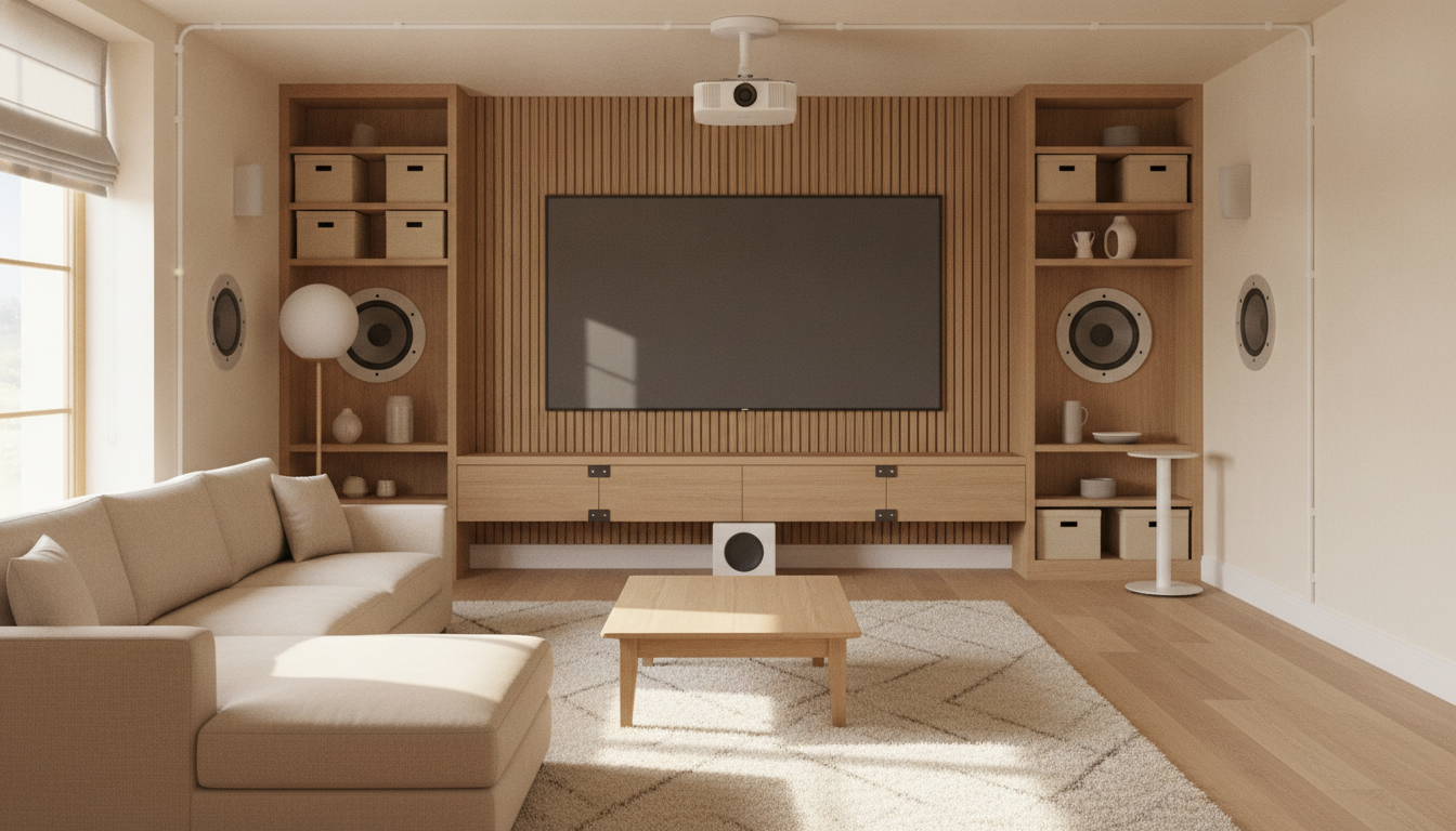 AI home theater design generator result: a bright dual purpose media room with a blank flat television mounted on an oak slatted wall, a floating console beneath it, an oatmeal sectional, a wool rug and daylight entering from a half drawn blind on the left. The light is the win and it is the same win as the bay window on the breakfast nook page: the prompt named the rug, the floor and the television panel as the surfaces the daylight had to land on, and all three got it, with a bright patch across the rug, hard edged shadows of the coffee table legs on the floor and a pale reflection washing across the dark screen. Three things arrived that nobody asked for. A ceiling projector has been mounted in a room whose screen is a television. White surface trunking rings the entire ceiling perimeter and runs down the right hand wall of a finished family room, which is what happens when you tell the model that cables must run in visible conduit and do not tell it where to stop. And a bare speaker driver sits on an open shelf with its cone exposed, next to a second loose speaker box parked on the floor in front of the console.