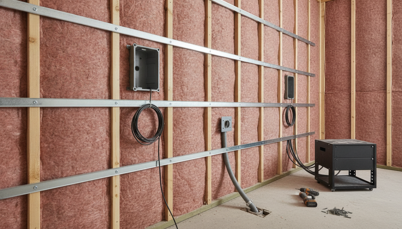 AI home theater design generator result: a low angle construction photograph of a home theater screen wall, showing an open timber stud wall packed with pink mineral wool acoustic batts, horizontal metal resilient channel screwed across the studs, two speaker back boxes, coiled speaker cable, a wall plate, grey conduit dropping into the concrete floor and a black equipment rack. This is the most useful frame on the page and the resilient channel is the best single piece of drawing in the set: it runs across the face of every stud over the insulation with the individual screws visible, which is the detail that separates a theater wall from a bedroom wall. The failure is the one this series keeps recording. Both speaker back boxes are lying on the face of the insulation rather than sitting between the studs, and neither one is screwed to anything, so the two components whose entire purpose is to be fixed into framing are fixed to nothing. The conduit was asked to be clipped to a stud and instead curves through open air into a floor penetration, and the rack cables were asked to run into a floor conduit and simply lie on the concrete.