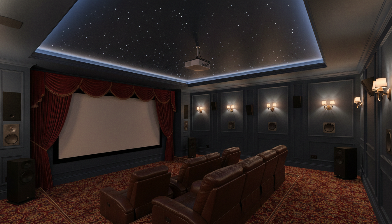 AI home theater design generator result: a luxury home theater with a fibre optic star ceiling in a stepped navy coffer, a lit cove around its perimeter, deep red velvet curtains gathered either side of a blank screen, panelled walls with twin arm sconces, in wall speakers and brown leather recliners on patterned red carpet. The atmosphere is the best of the six and the lighting instruction landed again: each sconce throws a real pool on the panel behind it and leaves the panel between them dark, exactly as asked. Two drifts. The prompt asked for a single row of three recliners and what arrived is two rows of several, which is the same failure as the chairs that both landed on one side of the table on the breakfast nook page, in reverse: told exactly how many objects to place, the model places the number it has seen most often instead. The cove was asked for dim warm light and came back cool blue. And this is one of two frames where text leaked despite the negative prompt, with a garbled row of characters along the side of the projector body.
