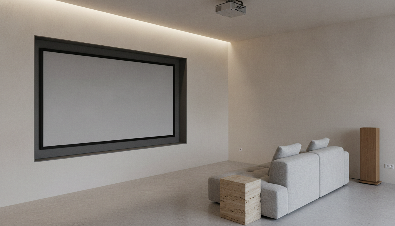 AI home theater design generator result: a minimalist media lounge with a blank matte screen set flush inside a recessed plaster niche with a shadow gap around it, a low pale grey modular sofa placed well to the right of centre, a single timber floor standing speaker on the right, a travertine block side table and a linear cove light washing the screen wall. As on the balcony page and the nook page, the frame that was told to be asymmetric is by a distance the most convincing of the six. The whole left half of the wall and floor was asked to stay empty and it stayed empty, and the single speaker was asked to have no partner on the left and has none, which is the first time in this series that an object asked to be unpaired came back unpaired. The niche is the other win, a real recess with a darker lining and a visible shadow gap rather than a frame stuck on a flat wall. Two small failures: the travertine block has been driven into the front corner of the sofa rather than set beside it, and a projector nobody asked for hangs at the top of the frame carrying the second garbled label of the set.