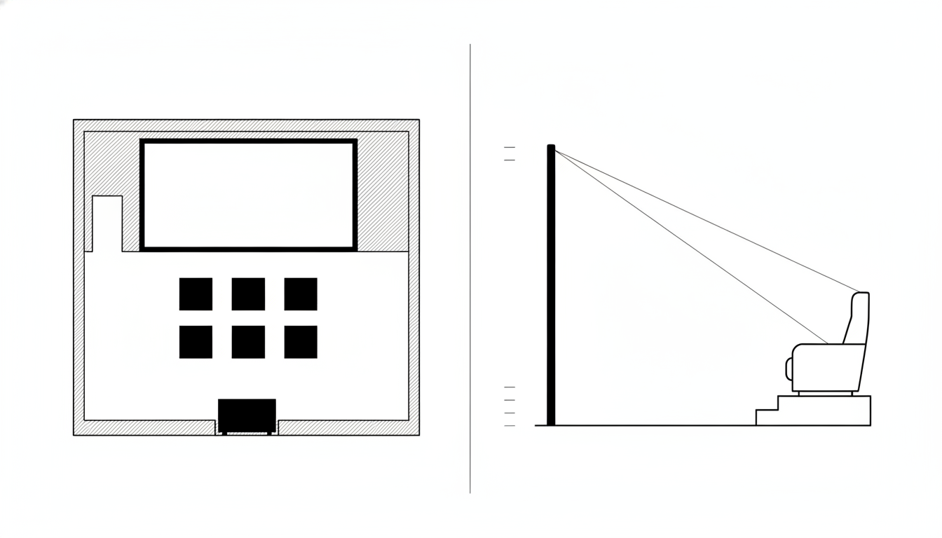 AI home theater design generator result: a flat black line drawing with a theater room plan on the left and a sightline section on the right, showing hatched walls, six filled seat squares in two rows of three, a projector rectangle at the back wall, a floor line, a screen bar and a recliner on a stepped riser with two sight lines running to the top of the screen. Three instructions landed cleanly. There is no circle, no ellipse and no closed loop anywhere on the sheet. The seats came back as exactly six squares in exactly two rows of three, which is the count the photographs above could not hold. And the floor line very nearly stops where it was told to, after seven pages of overshooting. The section then fails at the one job it exists to do. It was asked for a front row seat standing on the floor and a back row seat standing on a riser so the two eye heights could be compared, and it drew one seat on a riser. Both sight lines therefore leave the same head. A sightline drawing with one row in it cannot tell you the only thing you wanted to know, which is whether row two can see over row one.