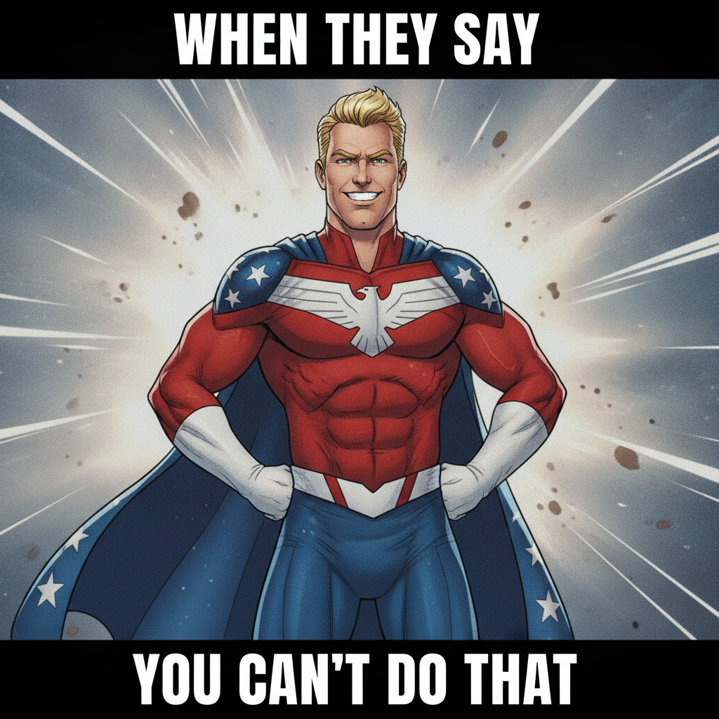 Satirical caped superhero meme with a fake smile and bold impact-font caption made with the AI Homelander meme generator
