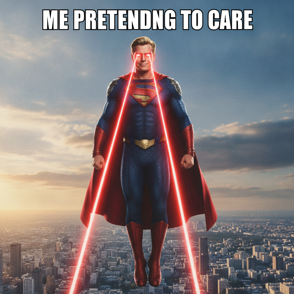 Flying patriotic superhero with glowing laser eyes and top caption text created by the AI Homelander meme generator