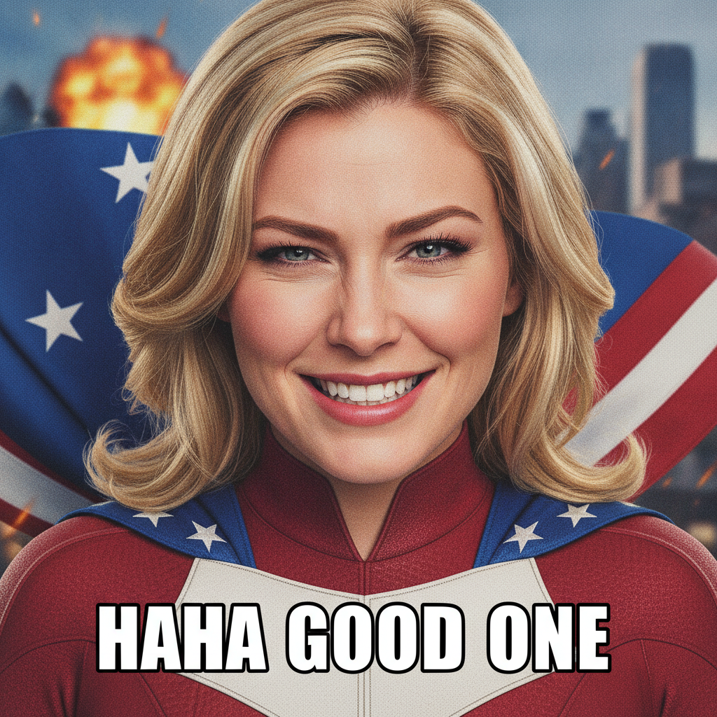 Close-up reaction meme of a caped hero giving an awkward side-eye smile generated with the AI Homelander meme generator