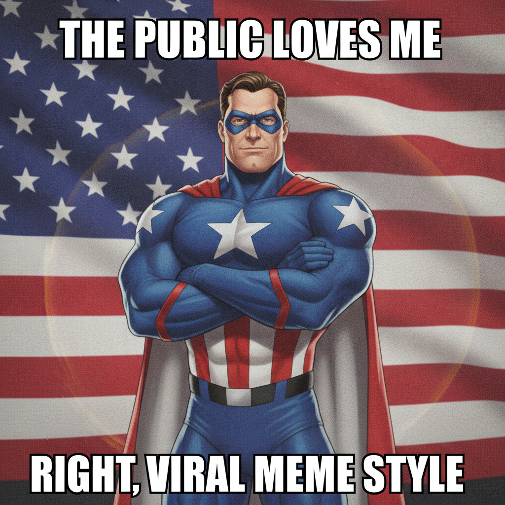Over-the-top patriotic superhero meme posing in front of a flag with bold caption text from the AI Homelander meme generator