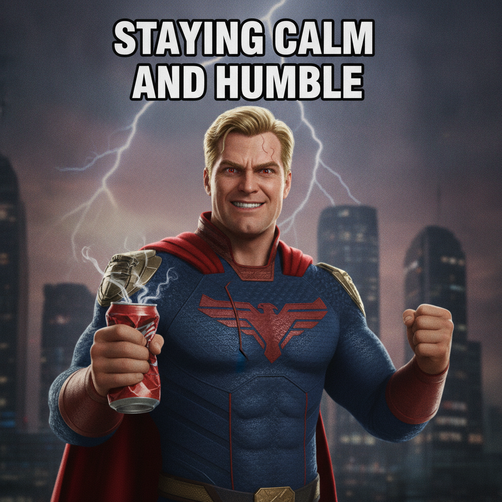 Superhero crushing a soda can with a twitching smile in a dramatic meme made with the AI Homelander meme generator