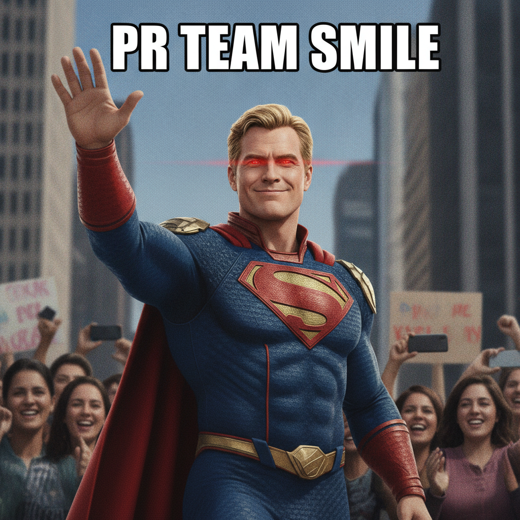 Caped hero waving with a plastic PR smile and faint red eyes in a viral meme from the AI Homelander meme generator