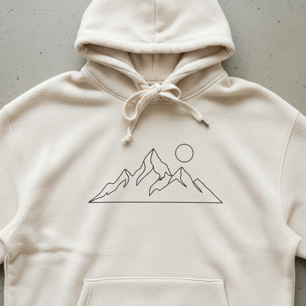 AI hoodie design generator result: a cream oversized hoodie laid flat with a minimalist single continuous line drawing of a mountain range and sun printed across the chest in thin dark ink