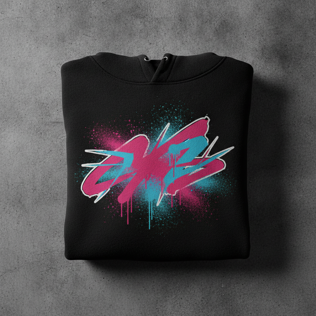 Streetwear hoodie design made with AI: a black hoodie with a bold abstract spray paint graphic across the chest in vivid magenta and cyan, hard white outlines and fine mist and drip splatter