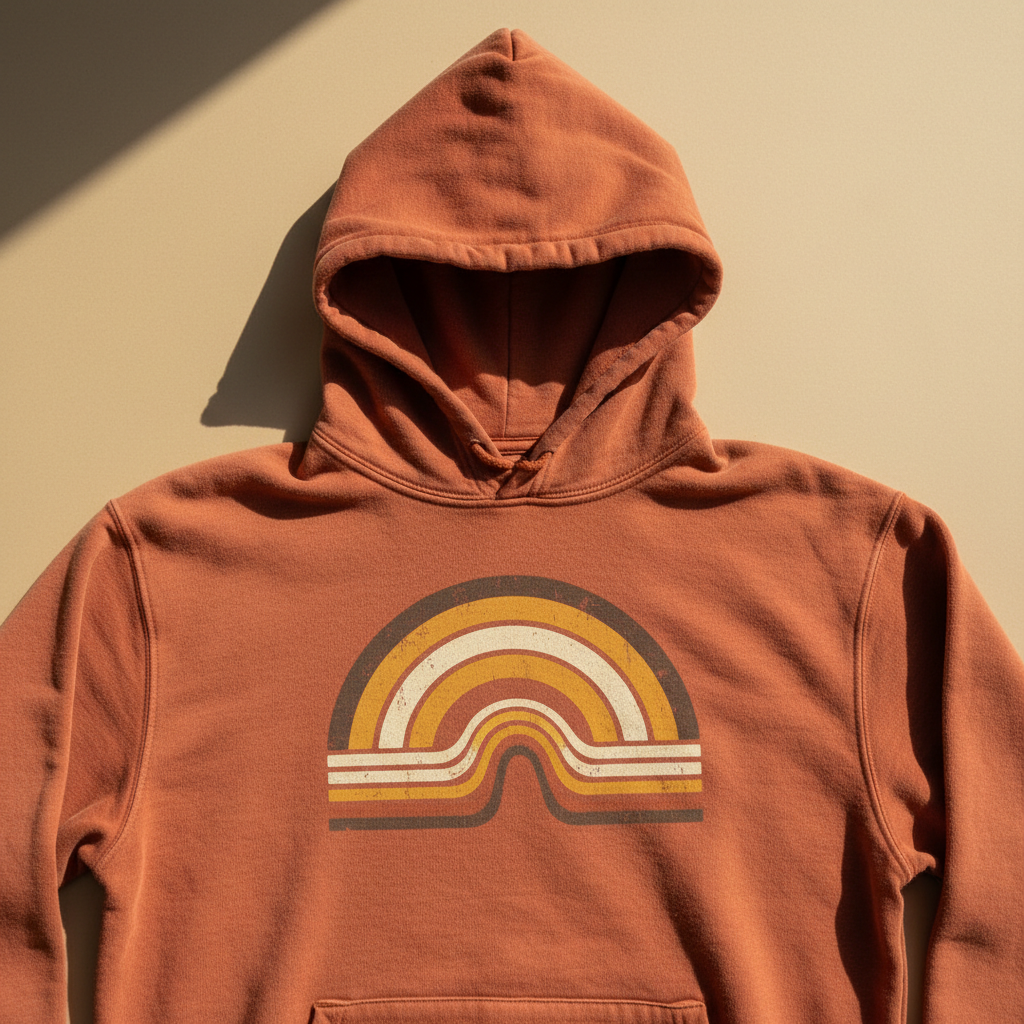 Vintage retro hoodie design from the AI hoodie design generator: a faded rust orange hoodie with concentric 1970s sunset arcs in cream, mustard and brown printed on the chest
