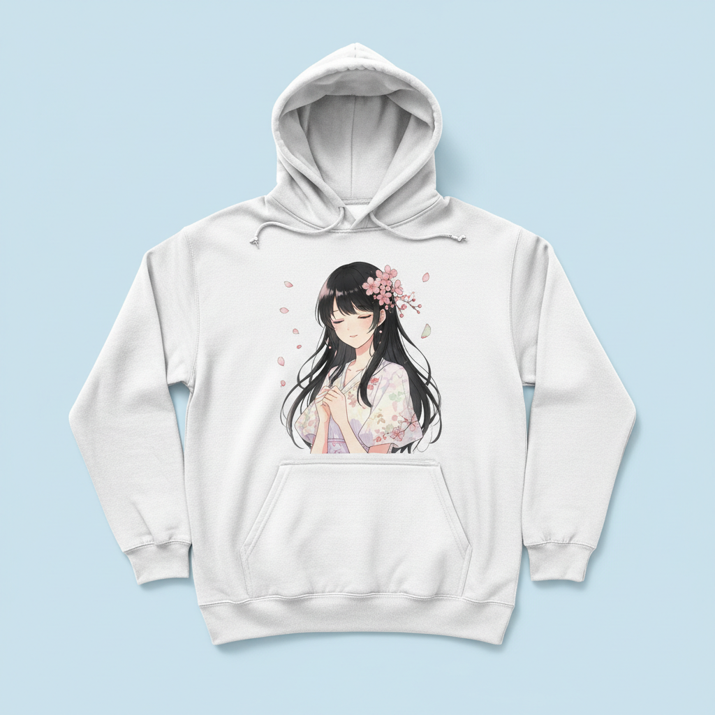 Anime hoodie design generated with AI: a white hoodie with a soft pastel manga illustration of a calm girl with flowing dark hair and cherry blossoms across the chest