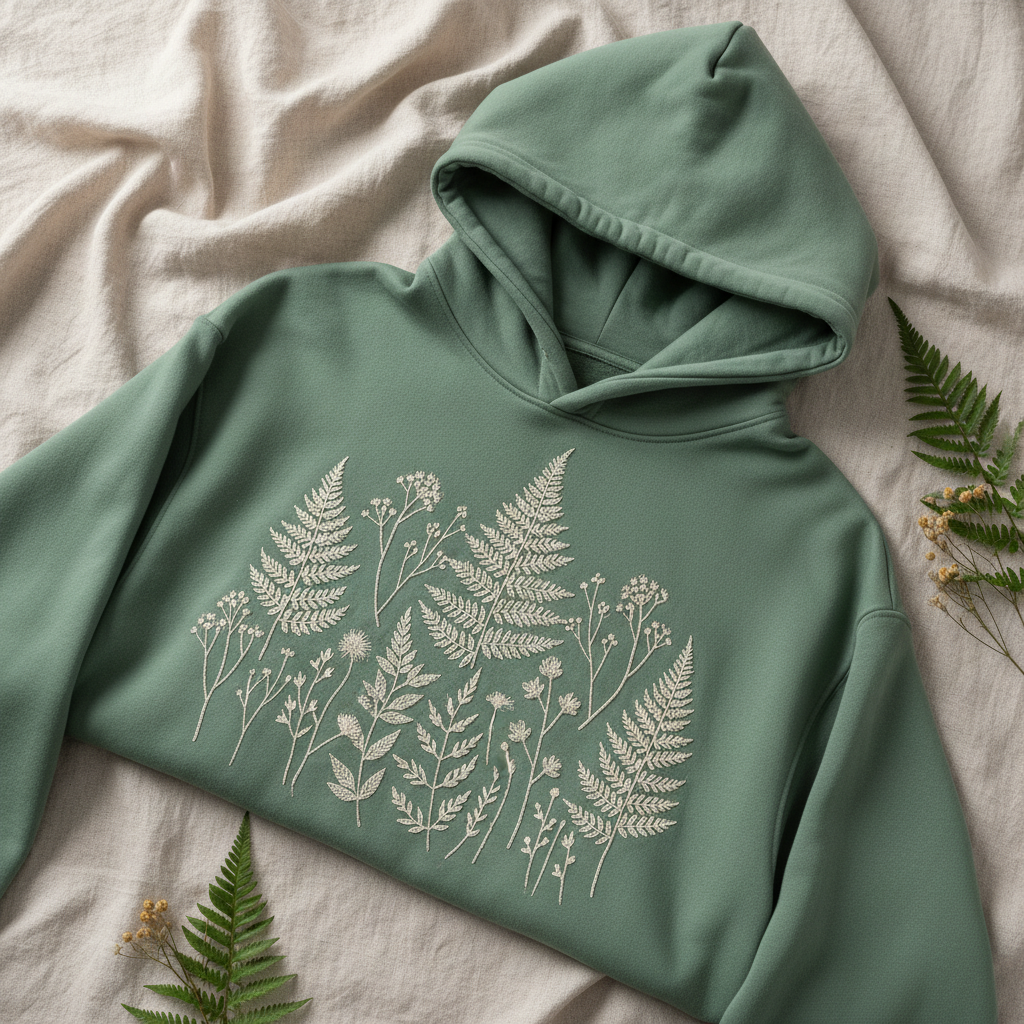Embroidery-look hoodie design from the AI hoodie design generator: a sage green hoodie with a delicate botanical fern and wildflower motif in tonal ivory thread on the chest