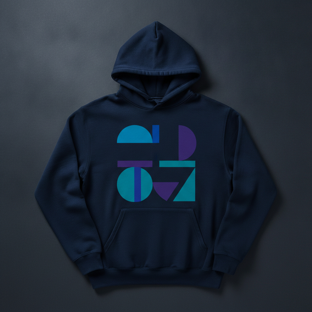 Abstract geometric hoodie design made with AI: a navy blue hoodie with a Bauhaus-style arrangement of flat circles, half circles, rectangles and a triangle in teal, blue and violet across the chest