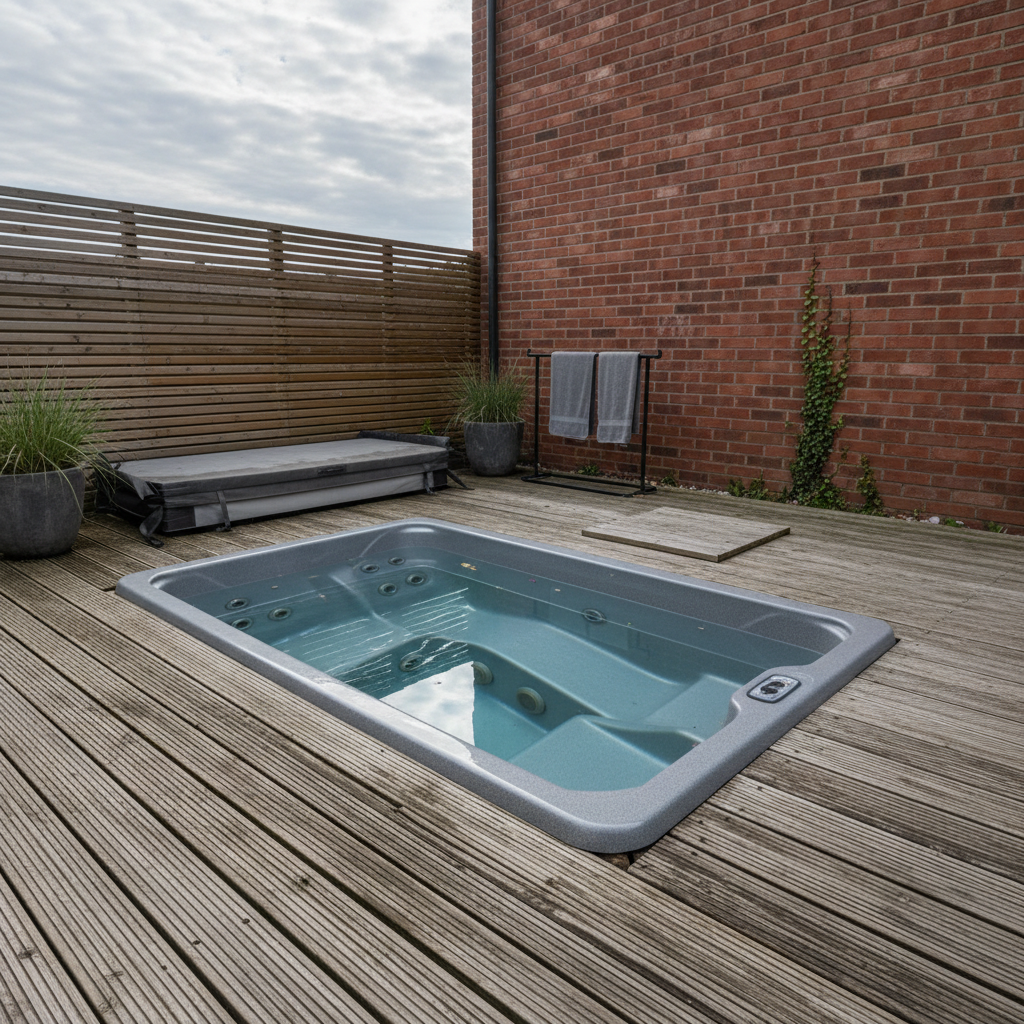 AI hot tub design generator result: a grey hot tub sunk flush into a silvered timber deck with the boards cut neatly around the opening and the rim sitting on top of them, the body hidden below deck level, a folded cover and towel rail alongside and a slatted screen fence behind.