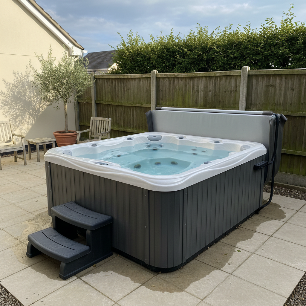 AI hot tub design generator result: a freestanding six-seat acrylic hot tub on buff porcelain paving with a grooved charcoal cabinet, moulded steps against the near side, a cover standing on a bolted lifter arm and an olive tree, teak chairs and a close-boarded fence behind.
