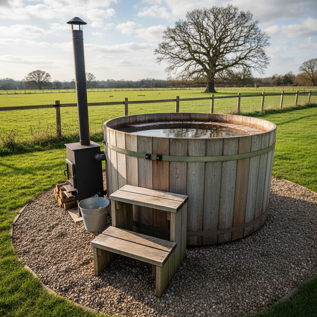 AI hot tub design generator result: a round wood-fired cedar barrel hot tub on a gravel circle in a country garden, built from vertical silvered staves bound by steel bands, with a black stove and flue alongside, a log stack, a galvanised bucket and cedar steps.