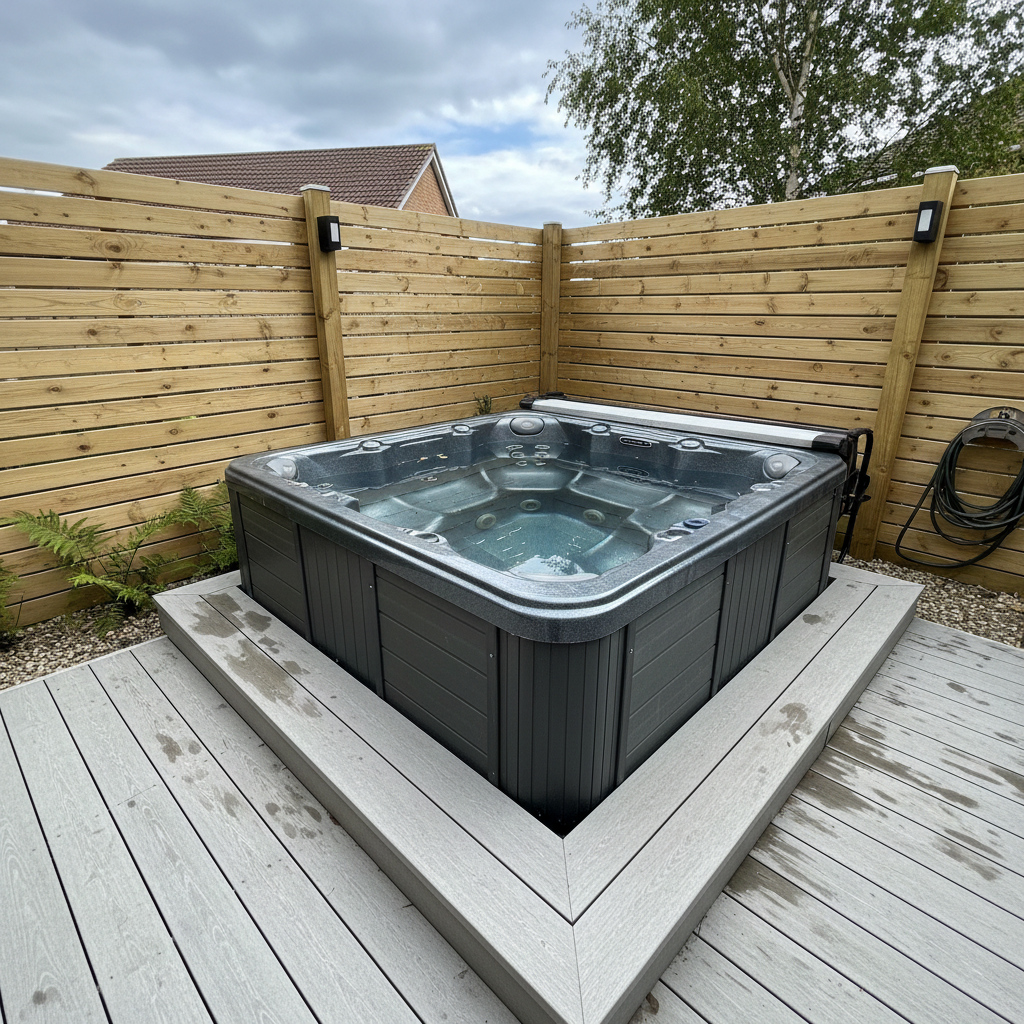 AI hot tub design generator result: a charcoal hot tub set into a grey composite deck with a tall slatted cedar privacy screen behind it, wall lights on the screen posts, a coiled hose reel, ferns in a gravel bed and a neighbouring tiled roof and birch tree beyond.