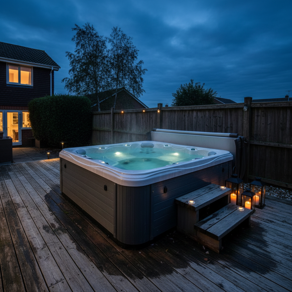 AI hot tub design generator result: a hot tub lit at blue dusk on a wet timber deck, the water glowing blue-green from submerged lights with steam drifting off it, warm lanterns and deck lights alongside and a house with lit windows behind.