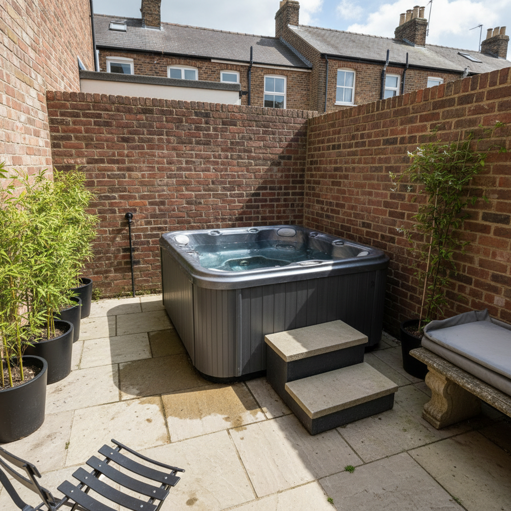 AI hot tub design generator result: a charcoal hot tub tucked into the corner of a walled brick courtyard behind a terraced house, standing on buff limestone paving with stone steps, bamboo in black pots, climbing jasmine and the chimneys of the terrace beyond.