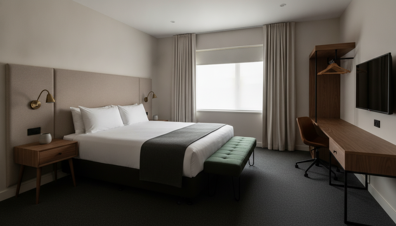 AI hotel room design generator result: a guest room with a wide oatmeal upholstered headboard, one walnut bedside cabinet on tapered legs, two brass jointed wall reading lights, a dark green bench on black steel legs at the foot of the bed, charcoal carpet and a desk and wardrobe run along the opposite wall. The wall lights are the best thing here, exactly two of them, one to each side of the bed at reading height, each on a round brass backplate with a jointed arm, precisely as asked. The single walnut bedside cabinet on the left is textbook, one drawer, four tapered legs, one ceramic vessel on top and nothing else. Then the pair breaks. Two identical bedside tables were specified and the right hand side of the bed got a shallow wall ledge instead of a matching cabinet, so the room is symmetrical in lighting and asymmetrical in furniture. The headboard was specified as one panel seven feet wide centred on the bed and came back as two panels with a visible seam, running far past the left edge of the bed and barely reaching the right. The bench is the planning error: five feet of dark green upholstery was asked for across the foot of the bed and it arrived rotated ninety degrees, running lengthwise into the only walking route between the bed and the window.