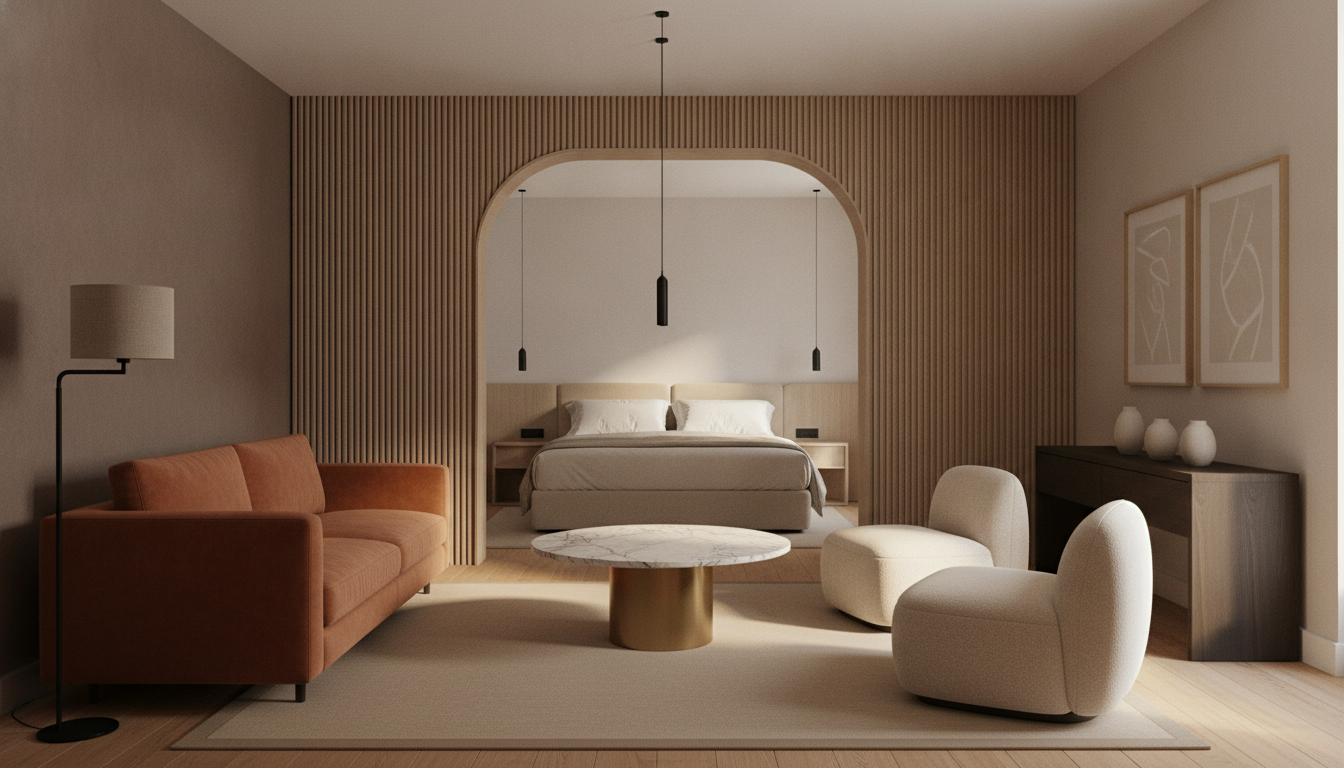 AI hotel room design generator result: a boutique suite seating area with a rust velvet sofa on the left, two cream boucle armchairs facing it, a round pale marble coffee table on a brushed brass column, a sand wool rug, a fluted timber screen across the back wall and an arched opening through to the bedroom beyond. The coffee table is flawless, round, pale veined marble, one brushed brass cylinder base, top completely bare as specified. The two framed abstract prints above the console are identical, hung side by side at the same height, and carry no lettering at all. The fluted screen landed. Everything about the light and the count did not. Exactly two black cord pendants were asked for above the coffee table at the same height and four arrived, one over the table and three more hanging inside the bedroom that nobody asked to light. The bedroom beyond was specified as glimpsed in dimmer light through a cased opening and came back as an arch showing the entire bed, two bedside tables and the brightest surface in the frame. The two armchairs were specified as identical and are two different shapes, the three ceramic vessels were specified as identical and are three different heights, and the instruction that all four seating pieces stand with front legs on the rug and back legs off it was ignored entirely, with the sofa sitting completely clear of the rug.