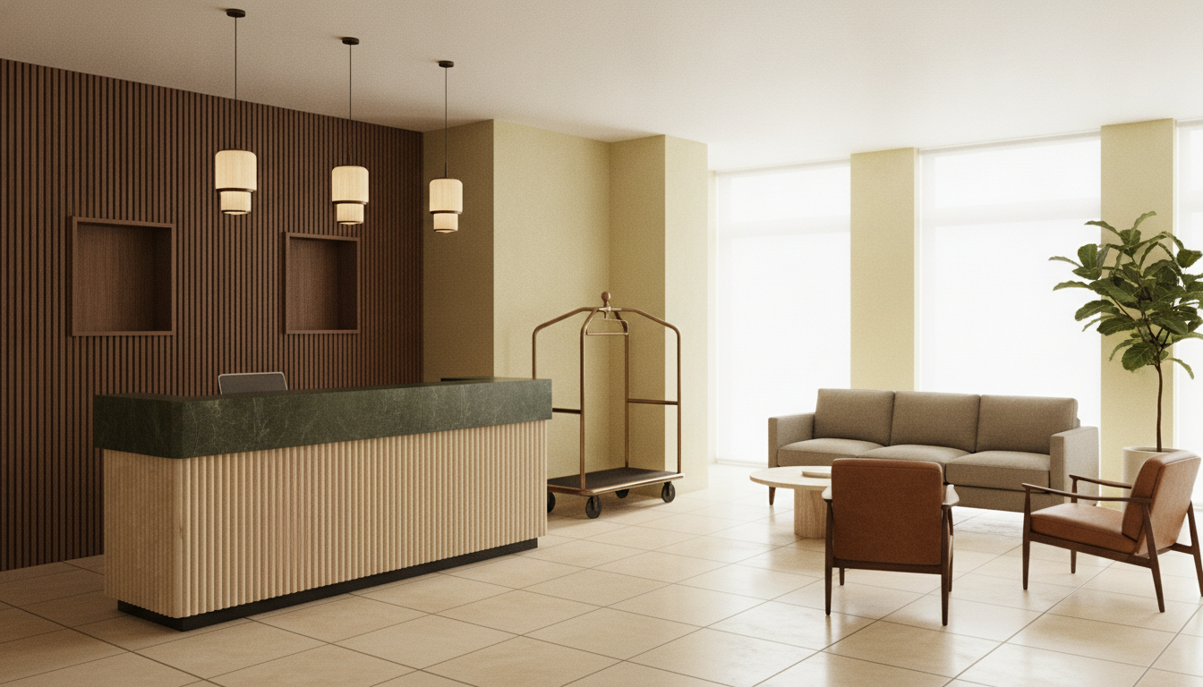 AI hotel room design generator result: a boutique hotel lobby with a ten foot reception desk in fluted pale timber under a honed dark green stone top, a vertical dark batten wall behind it carrying two empty open niches, three ribbed alabaster pendants above, a brass luggage trolley between the zones and a lounge of one sofa, two tan leather chairs, a round travertine table and a potted fig against full height glazing. This is the strongest frame in the set. The desk is exactly right in material terms, fluted front, green stone top with a one inch overhang, recessed dark plinth and a completely bare working surface. Exactly two niches, side by side, same height, both empty. Exactly two identical leather lounge chairs facing the sofa, one round travertine table with a bare top, one potted fig in the far corner, and a large format limestone floor laid in a clean straight grid. Three failures. The desk was specified as two levels, forty two inches to the guest with a thirty inch staff surface stepping down behind it, and came back as one monolithic block with no working height at all, which is the same flattening the retail till counter in this series suffered. The three pendants are the right count and hang on three visibly different cord lengths rather than in one level line. And the sofa was asked for as a four seater and arrived as a three.