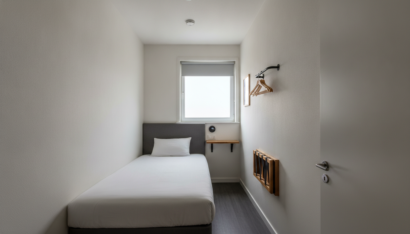 AI hotel room design generator result: a genuinely tiny compact hotel room shot from the doorway, with a single bed pushed hard against the left wall under a dark grey upholstered headboard, a narrow timber shelf on two visible black brackets under the window, a wall mounted folding timber luggage rack, three timber hangers on a black wall arm, a small roller blind window at the far end and dark grey vinyl plank flooring. This is the frame that breaks a pattern five pages old. Every previous interior page in this series described a small room in plain words and got back a tall airy one. Here the room is genuinely cramped, the walking gap beside the bed really is about two feet, and the proportions are the ones a micro hotel actually leases. The shelf is carried on two black brackets that are drawn and doing their job, which is the first properly resolved bracket in nine pages. What went wrong is placement rather than construction. The shelf specified above the head of the bed is under the window instead. The hanging rail specified above the luggage rack is on the far wall by the window. The one framed print specified above the luggage shelf is beside the window. A double bed came back as a single, and the roller blind specified fully raised is a third of the way down.