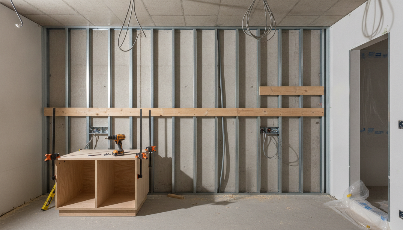 AI hotel room design generator result: a guest room part way through fit out, shot square on at a bare metal stud partition with galvanised track at slab and soffit, a continuous timber blocking rail screwed across every stud at headboard height, two galvanised back boxes with coiled cable tails at bedside height, coiled first fix cable dropping from the concrete soffit, a bare plywood bedside carcass in two bays on a recessed plinth, orange bar clamps, a cordless drill and a spirit level. This is the most useful image on the page and it is the one no hotel photograph will ever show you. The continuous horizontal blocking across every stud at bed head height landed perfectly, and that single timber is what decides whether your headboard can be fixed where the drawing says. Exactly two back boxes arrived, one to each side of centre at bedside height, both with cable tails coiled beside them. The carcass is exactly two bays split by one divider on a recessed plinth with the ply edges left raw. Three things went wrong. The second blocking piece for the television bracket was asked for on the right hand wall and is screwed to the same wall as the first. Exactly two orange bar clamps were specified and three arrived, clamped to black posts rather than to the end of the carcass. And the pocket screws specified where the divider meets the base are absent again.