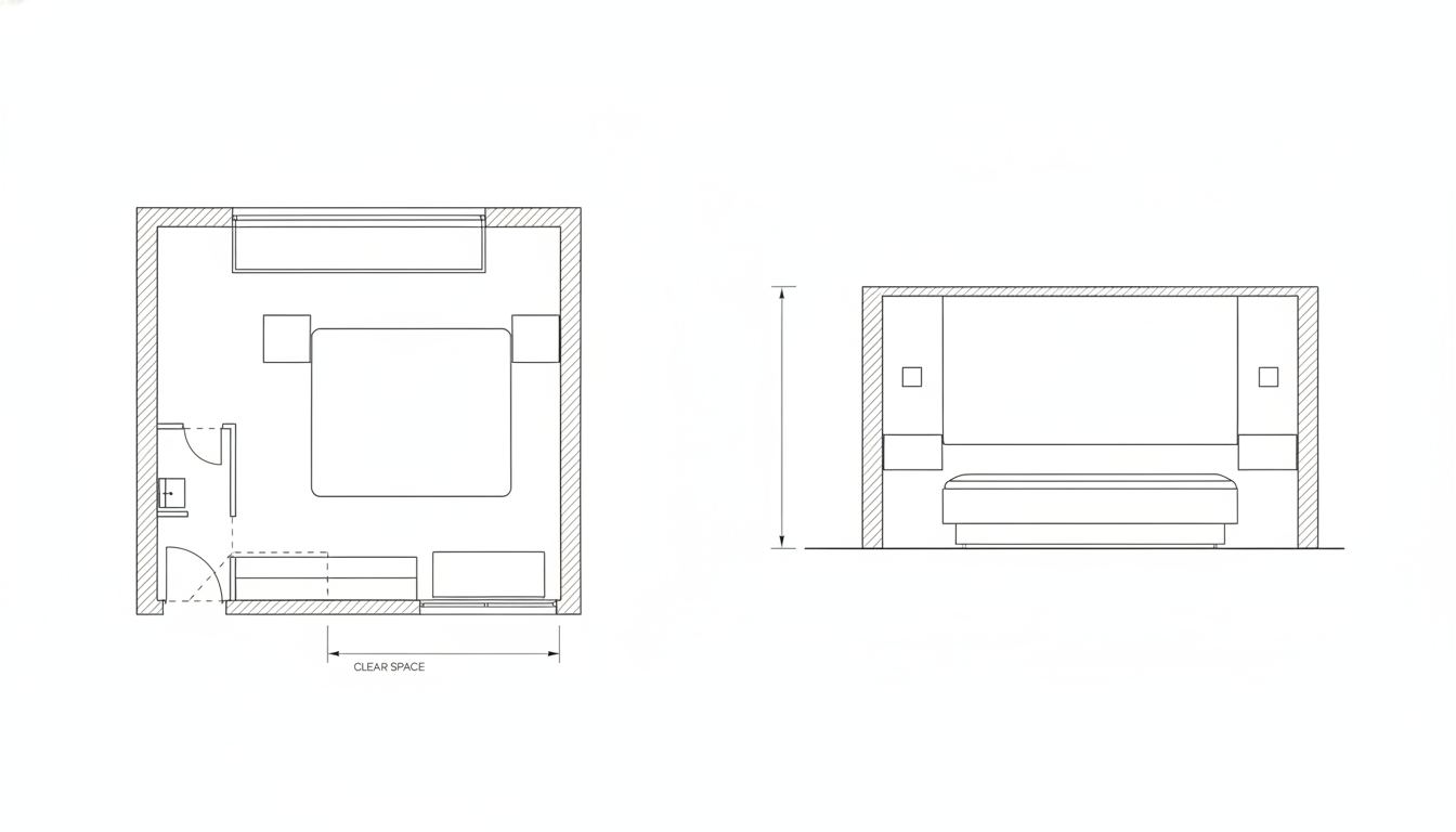 AI hotel room design generator result: a flat black line drawing with a hotel guest room plan on the left and a straight on headboard wall elevation on the right, showing hatched walls on all four sides, an entrance door and a bathroom door each with a quarter circle swing arc, a bed rectangle flanked by two small squares for the bedside tables, a long desk and wardrobe run along the lower wall, a window in the upper wall and a dimensioned elevation. The sheet is clean and the counting is the best this series has seen on a drawing. All four walls hatched, two doors with two correct swing arcs, exactly two bedside squares in plan and exactly two small squares for the wall reading lights in elevation, one to each side of the headboard at the same height, and not one stray circle anywhere. Three things are wrong and two of them are familiar. The bench specified at the foot of the bed never appeared in plan at all. The single dimension line was asked for across the clear gap between the foot of the bed and the desk run, to give the walking width, and it is drawn along the length of the desk run and pushed outside the room entirely, which is the fourth page running to make that exact substitution. And the ban on lettering broke on the one output with no packaging in it, because that dimension line is labelled CLEAR SPACE.