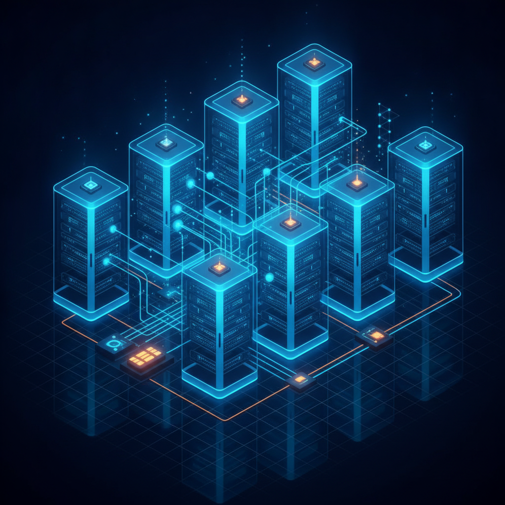 AI IaaS art style — a clean isometric illustration of cloud infrastructure with glowing servers and data flowing between nodes in a cyan palette, created with the AI IaaS art style generator