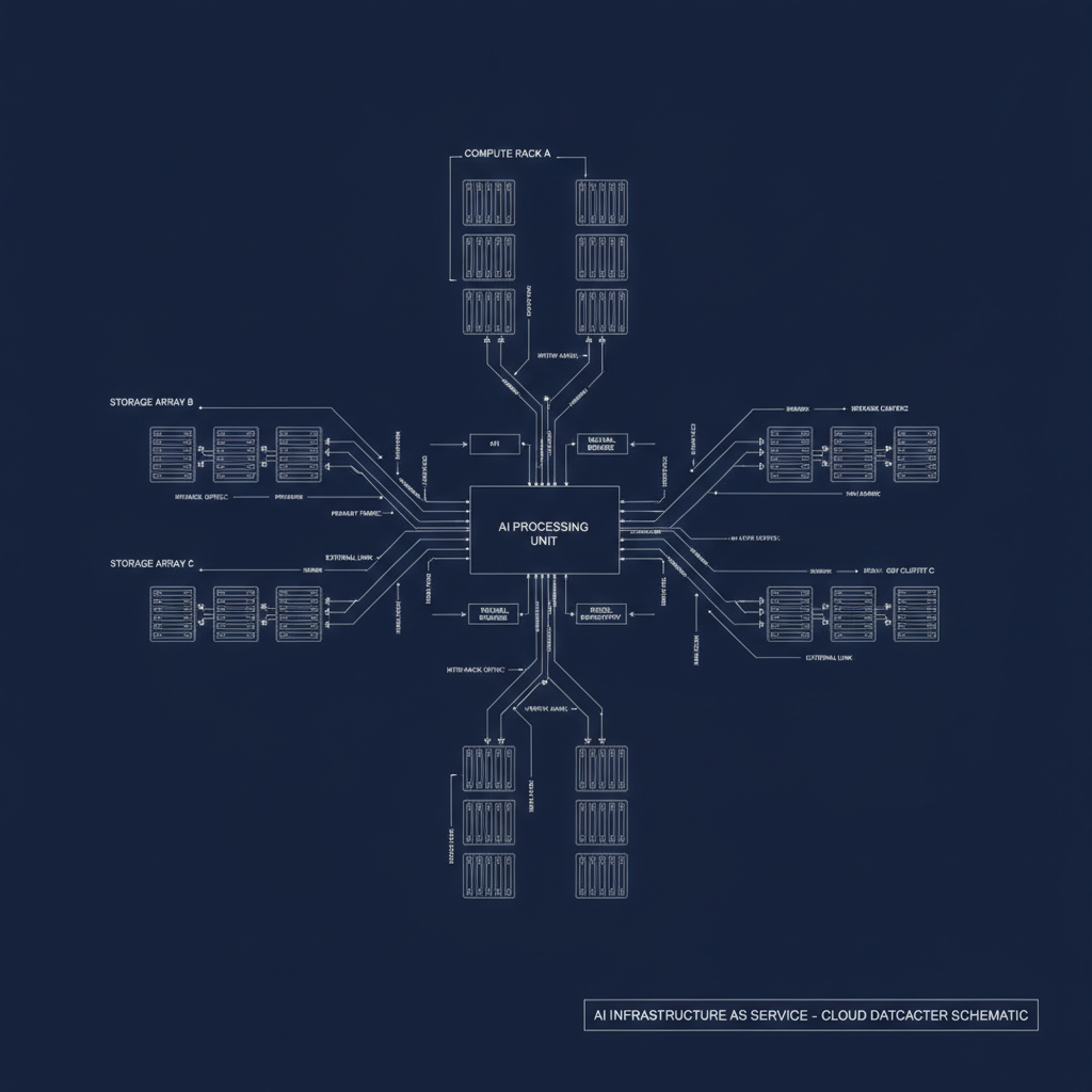 AI IaaS art style — a technical blueprint schematic of a cloud data center in white line drawings on deep navy, made with the AI IaaS art style generator
