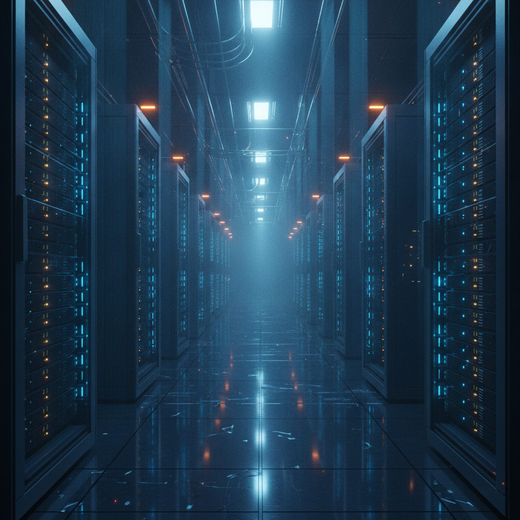 AI IaaS art style — a cinematic photorealistic data center hall with endless glowing server racks and volumetric light, generated by the AI IaaS art style generator