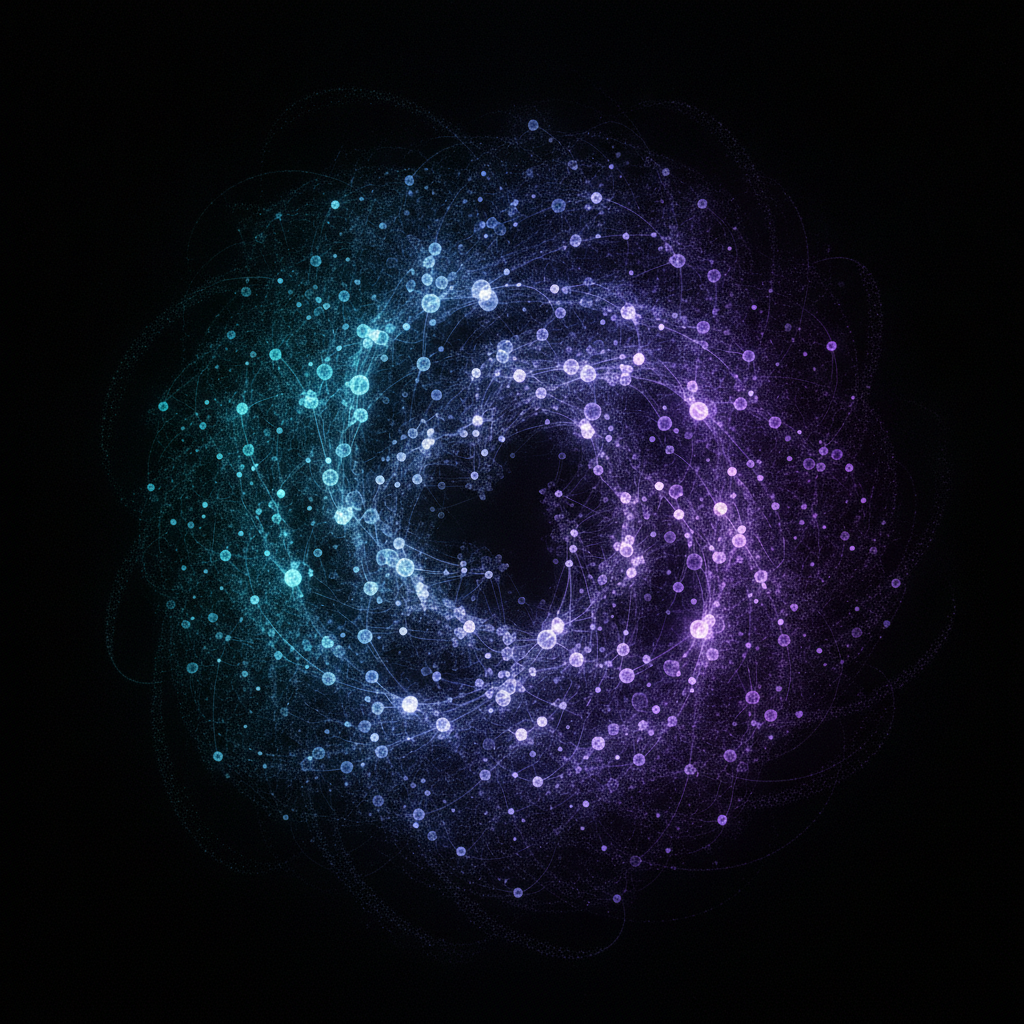 AI IaaS art style — an abstract network topology art piece of interconnected glowing nodes in a teal to violet gradient, created with the AI IaaS art style generator