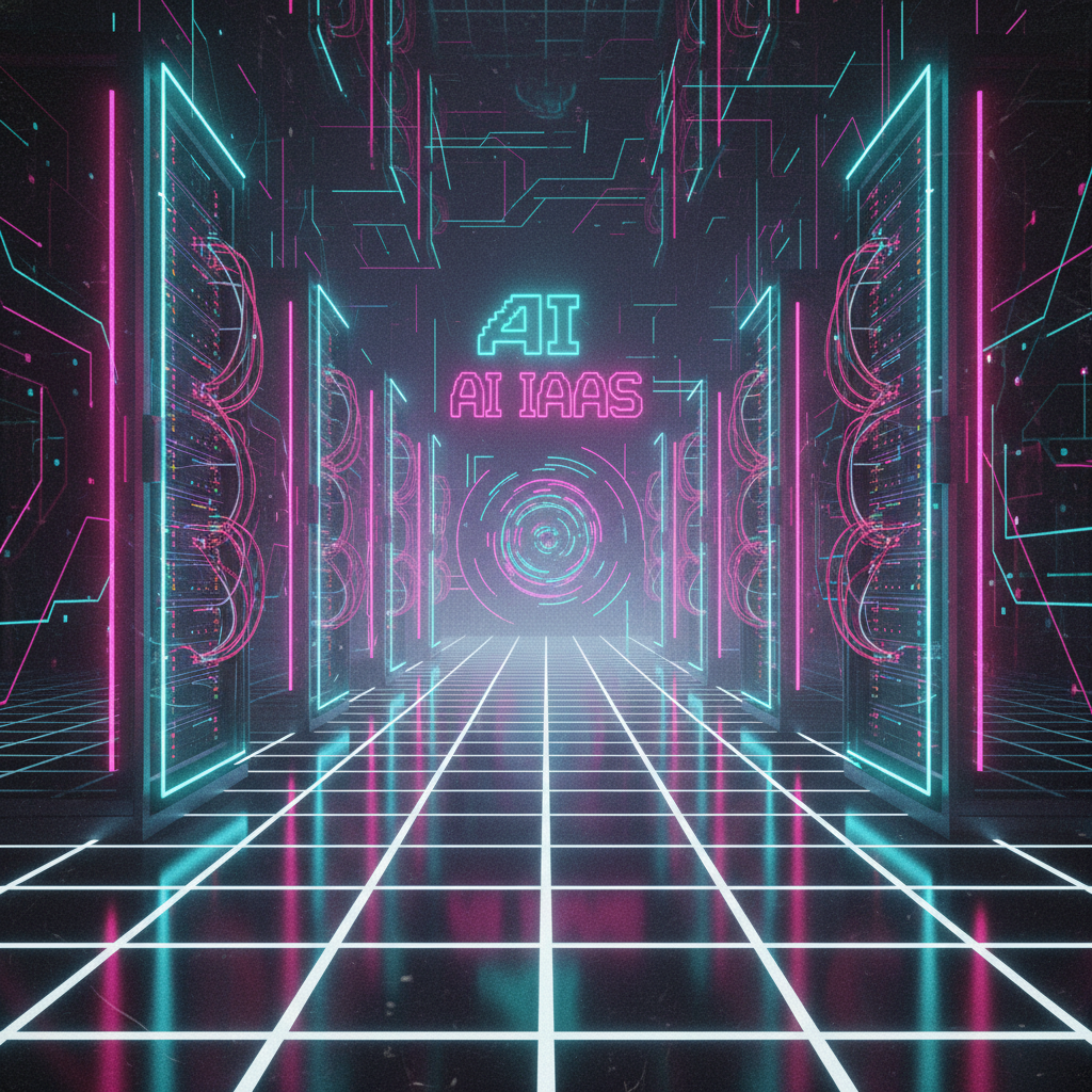 AI IaaS art style — a synthwave neon server room with glowing racks in magenta and cyan and a retro grid floor, made with the AI IaaS art style generator