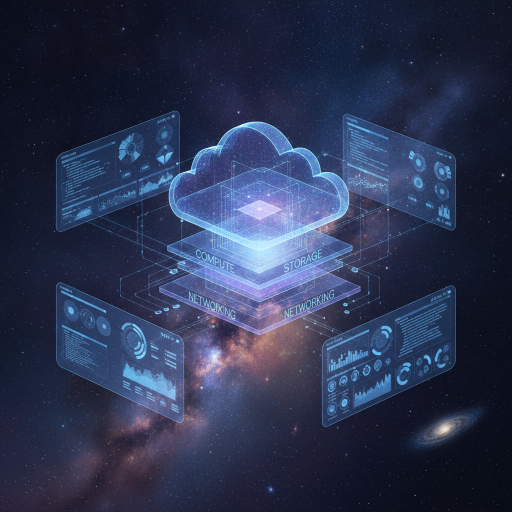 AI IaaS art style — a holographic 3D cloud architecture diagram with translucent stacked compute, storage, and networking layers, created by the AI IaaS art style generator