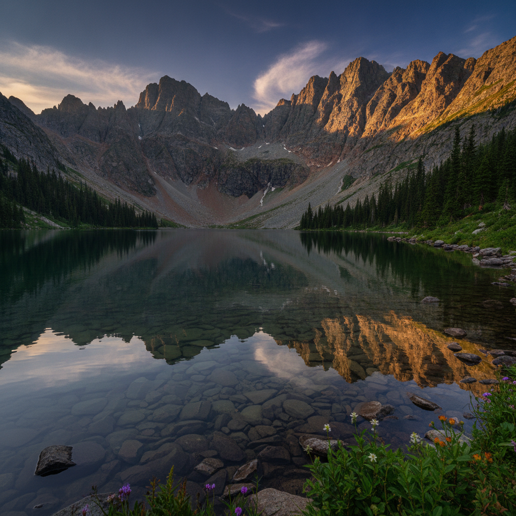 AI image enhancement tool result showing an upscaled mountain landscape at golden hour with sharp foreground detail and vivid high-dynamic-range color