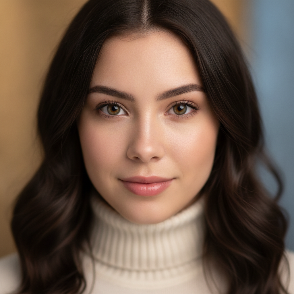 AI image enhancer result showing an ultra sharp high resolution portrait with flawless skin texture and crystal clear detail