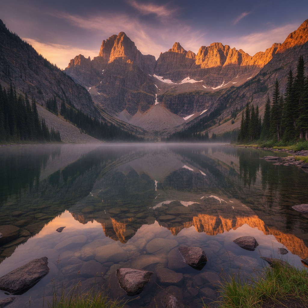 AI image enhancer result showing a crisp 4K landscape of a mountain lake at sunrise with razor sharp detail and vibrant restored colors
