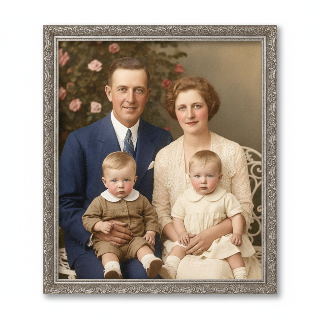 AI image enhancer result showing a denoised and upscaled old family photo restored to crisp modern quality with sharp facial detail