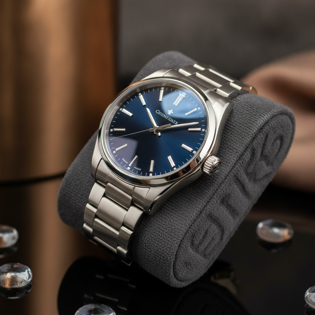 AI image enhancer result showing an enhanced product photo of a luxury wristwatch with ultra sharp metallic detail and vivid color