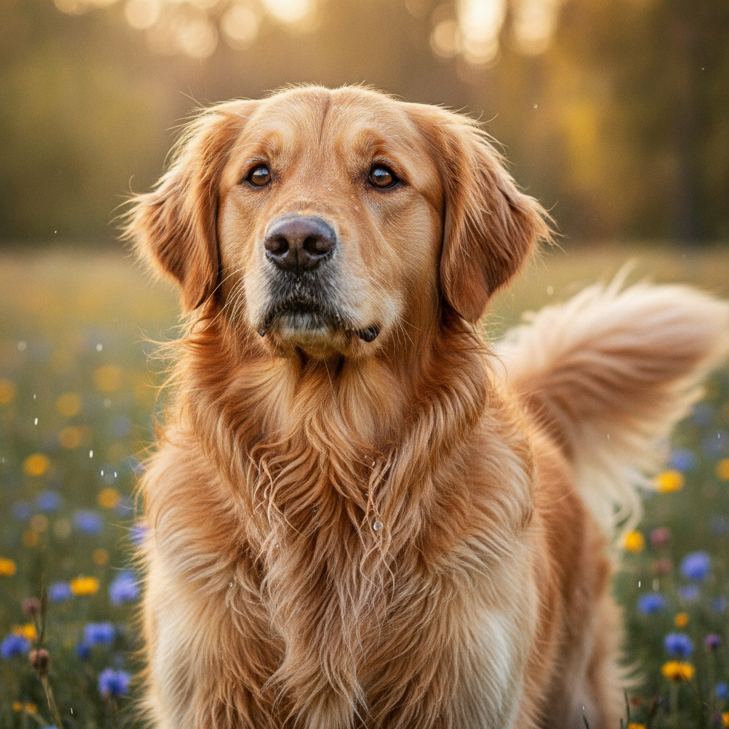 AI image enhancer result showing a crisp enhanced pet photo of a golden retriever with ultra detailed fur texture and vibrant color