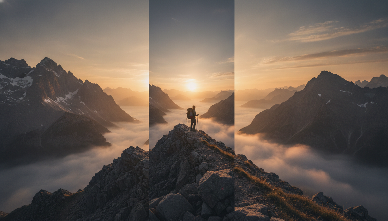 Mountain ridge photograph widened by an AI image extender, with extra peaks, valley mist and sky generated seamlessly beyond the original crop