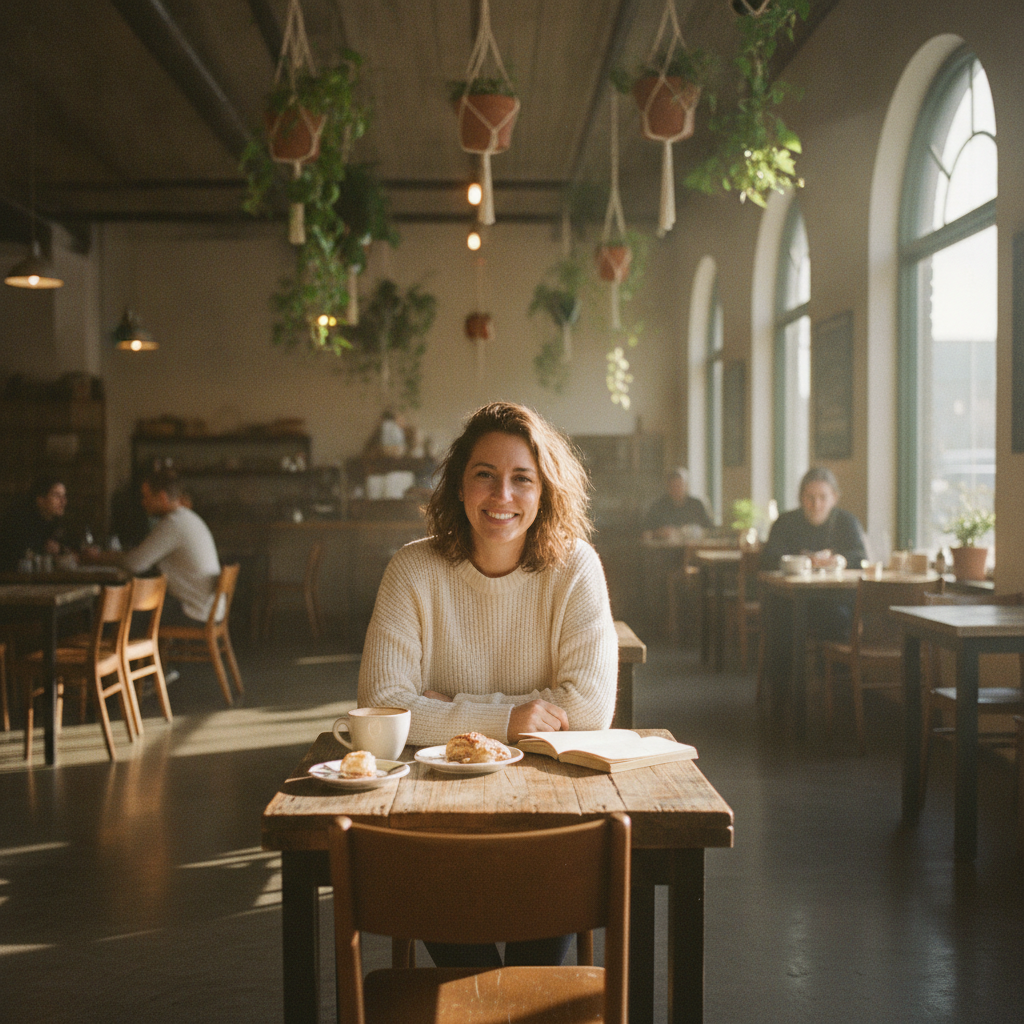 Tight cafe headshot expanded outward by an AI image extender to reveal the full interior with wooden tables, plants and window light