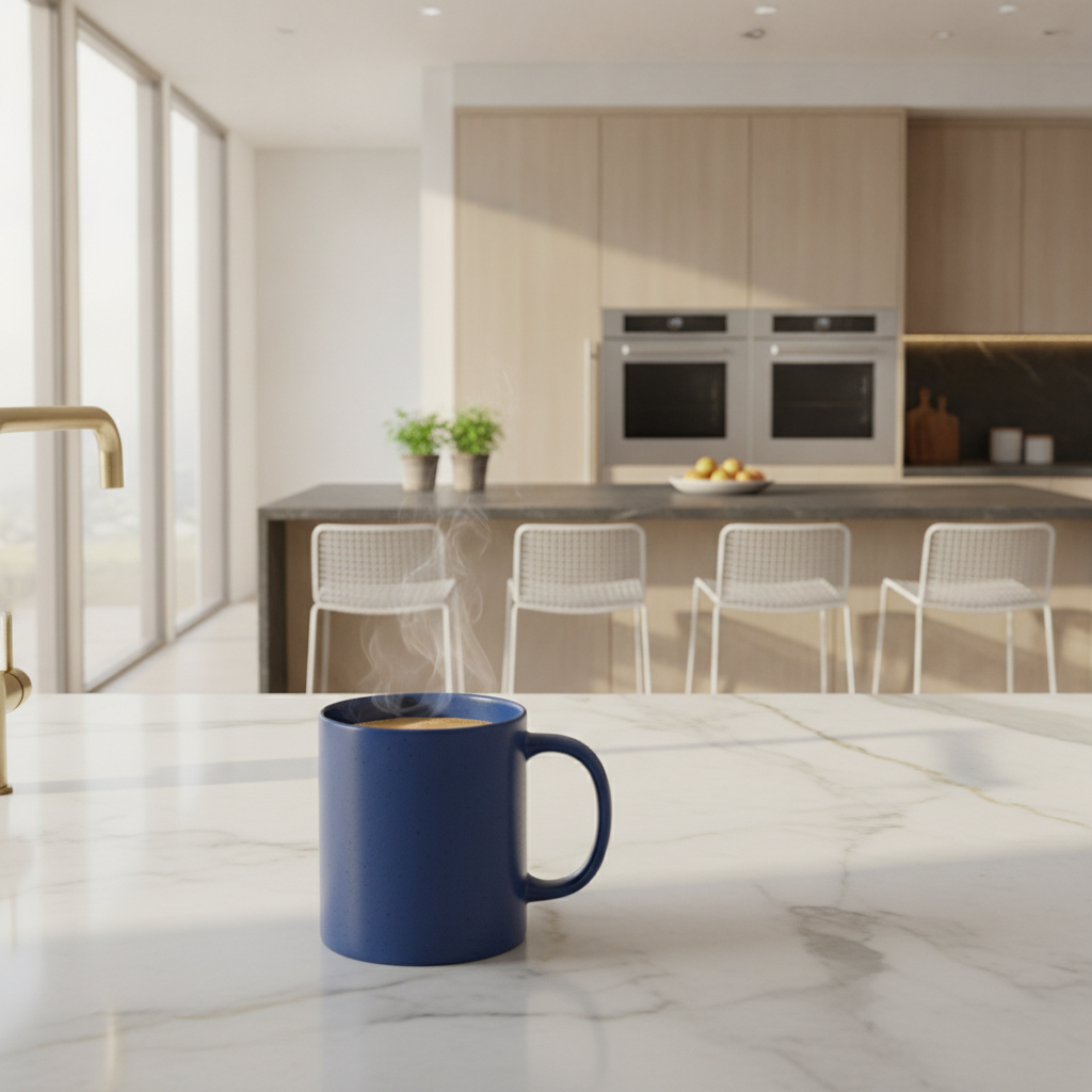 Ceramic coffee mug product shot extended on all four sides to show a complete modern kitchen scene with matching shadows and perspective